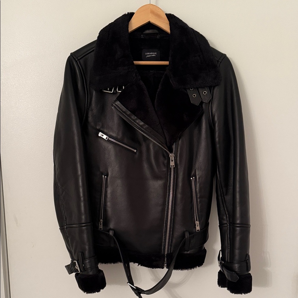 Lamarque Zoe Black Faux Shearling Leather Moto Jacket
